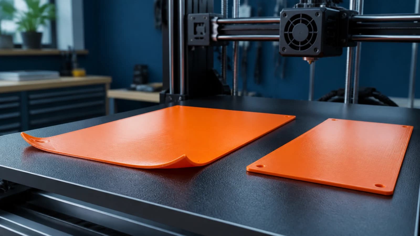 Köşeleri baskı tablasından kalkmış bir 3D baskı ve yanında düzgün basılmış karşılaştırma parçası