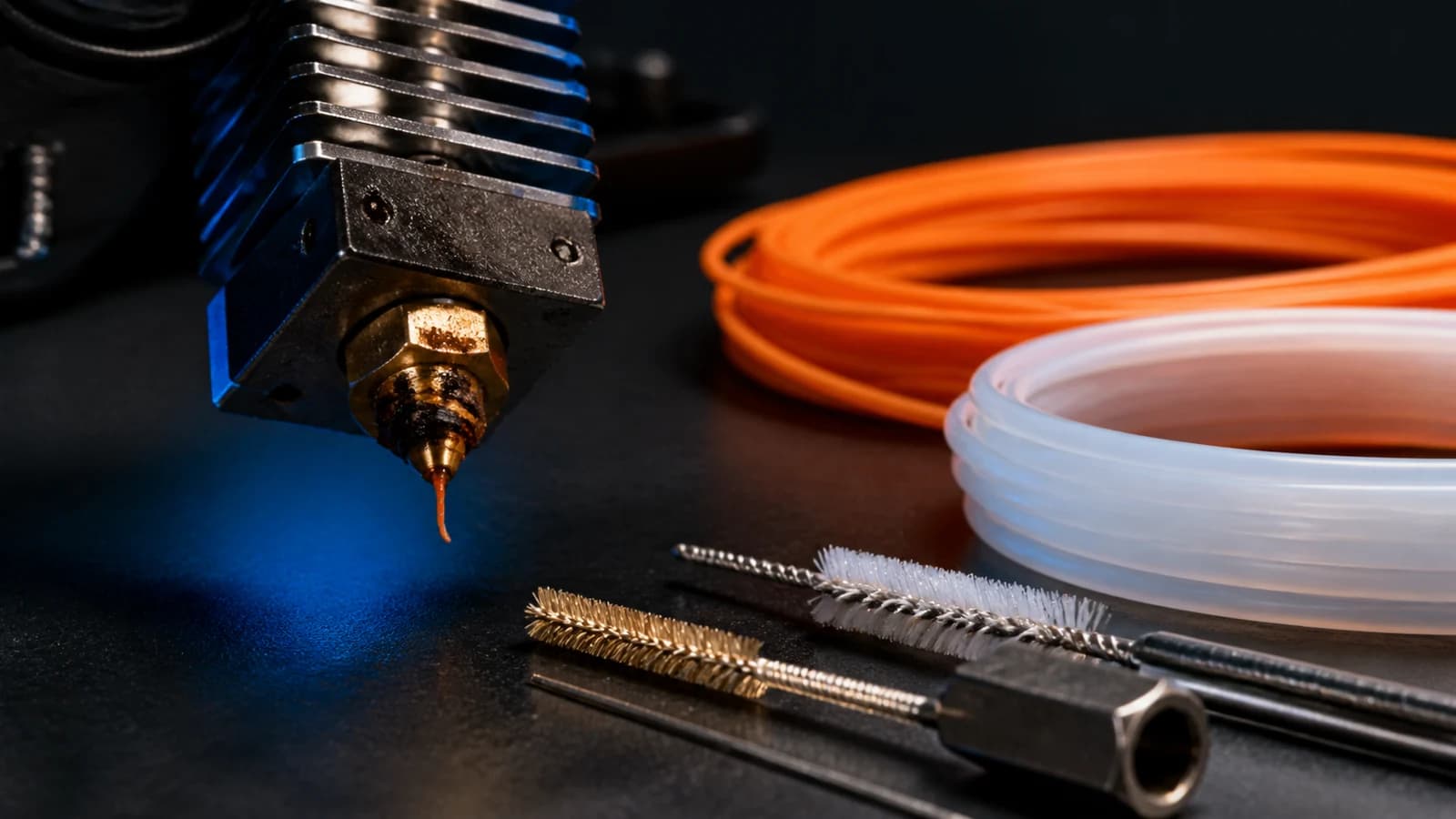 Yakın planda tıkanmış 3D yazıcı nozzle ucu, temizleme filamenti ve bakım araçları