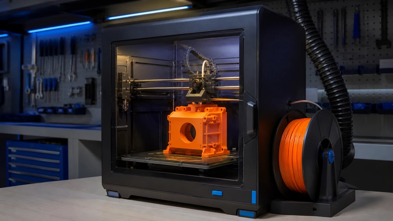Kapalı kabinli 3D yazıcıda basılan dayanıklı ABS teknik parça ve ABS filament makarası