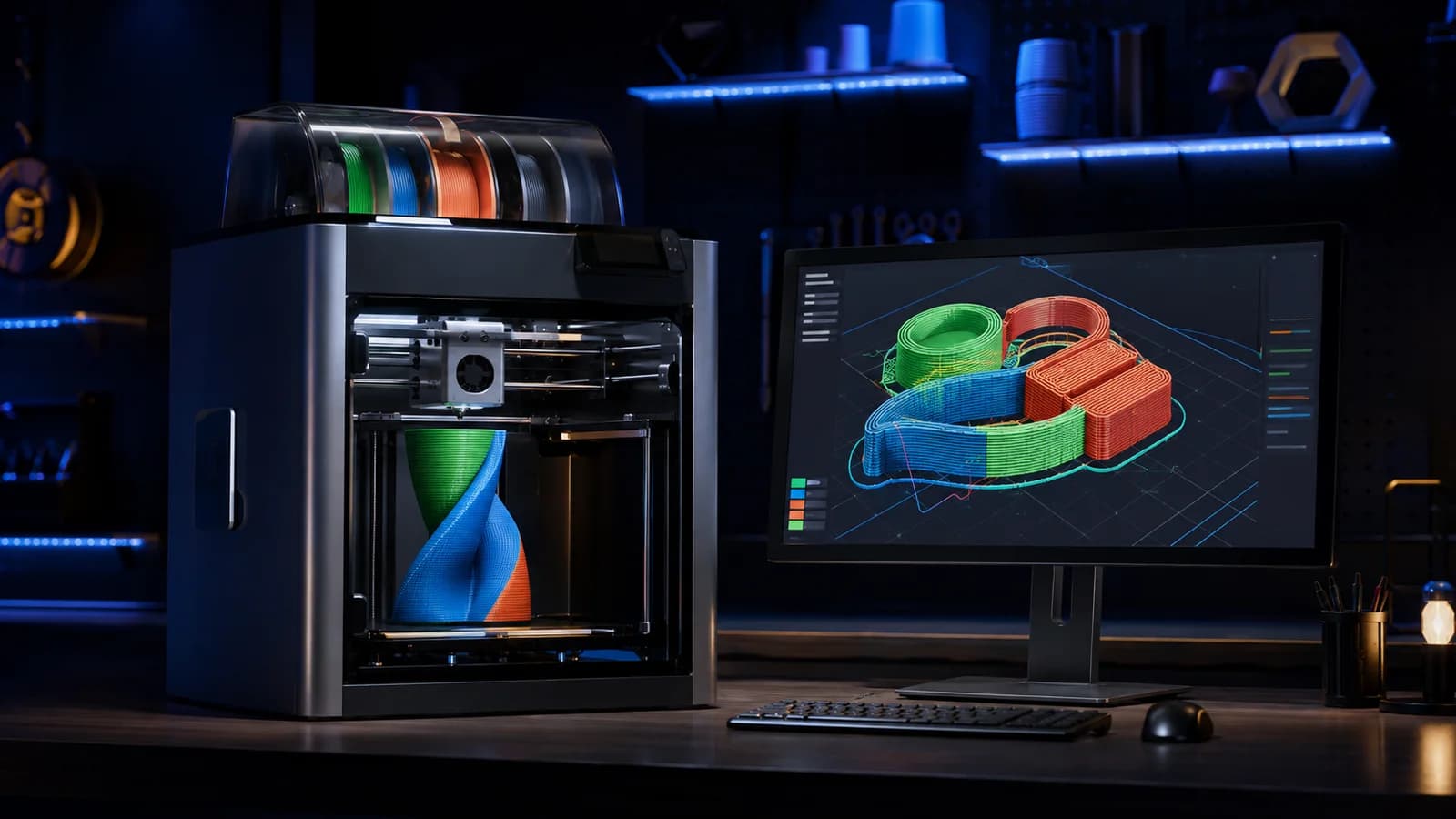 Bambu Studio dilimleme önizlemesi açık çalışma alanı ve 3D yazıcı