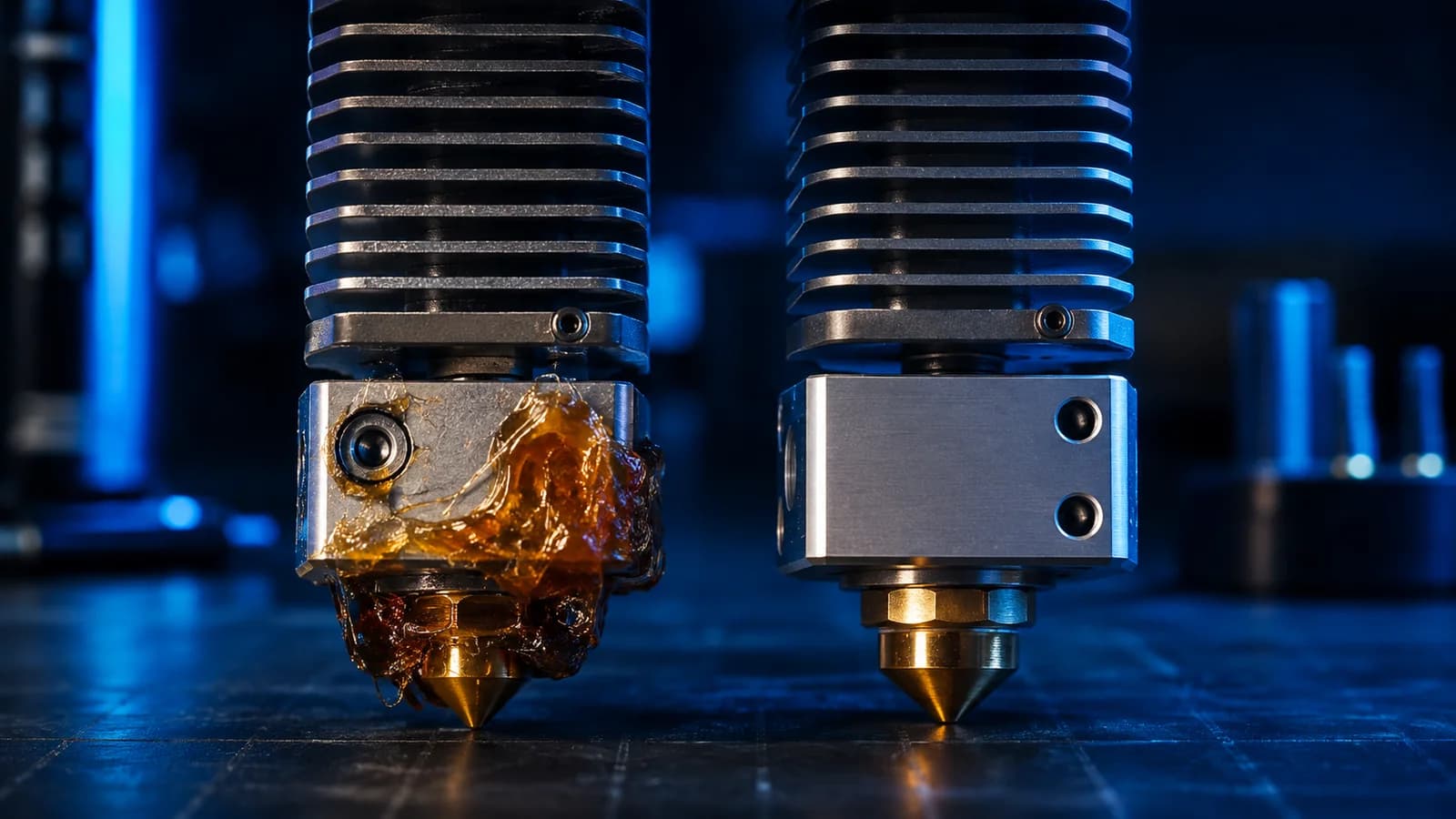 Isıtıcı blok üzerinde birikmiş filament ve doğru sıkılmış temiz nozzle karşılaştırması