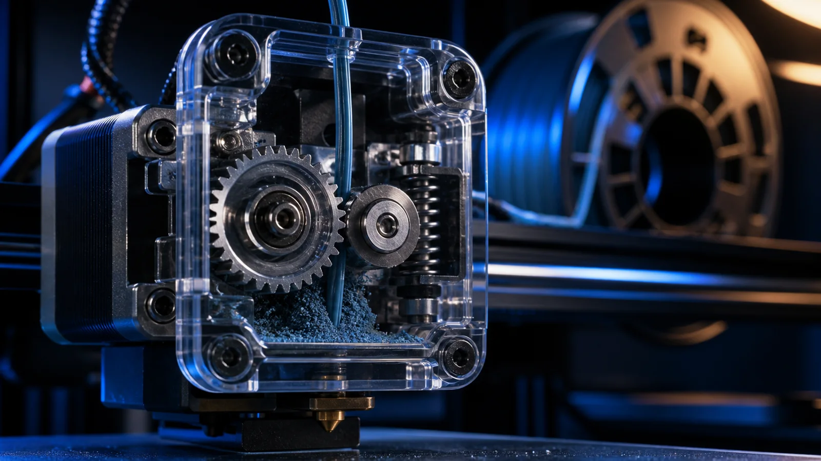 Filament dişlisi üzerinde öğütülme izi ve 3D yazıcı ekstrüderi yakın planı
