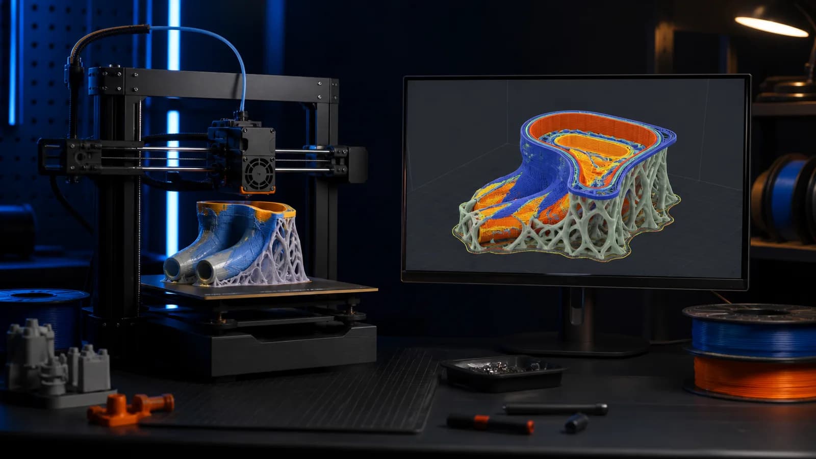 PrusaSlicer benzeri soyut katman önizlemesi yanında masaüstü 3D yazıcı