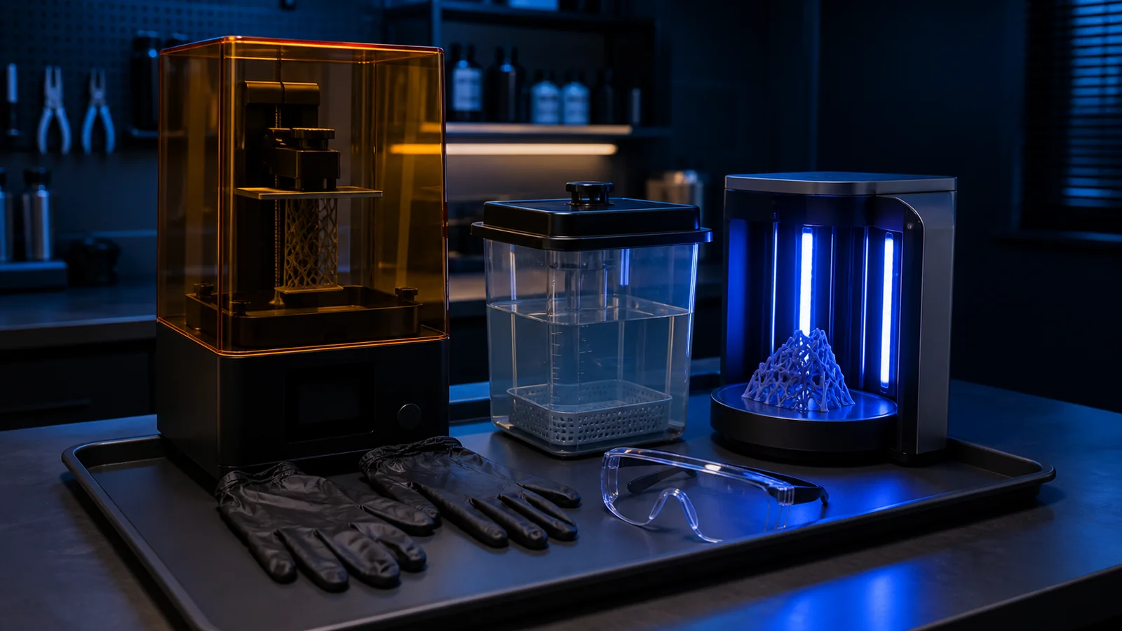 UV korumalı reçineli 3D yazıcı yanında nitril eldiven, yıkama kabı ve kürleme istasyonu