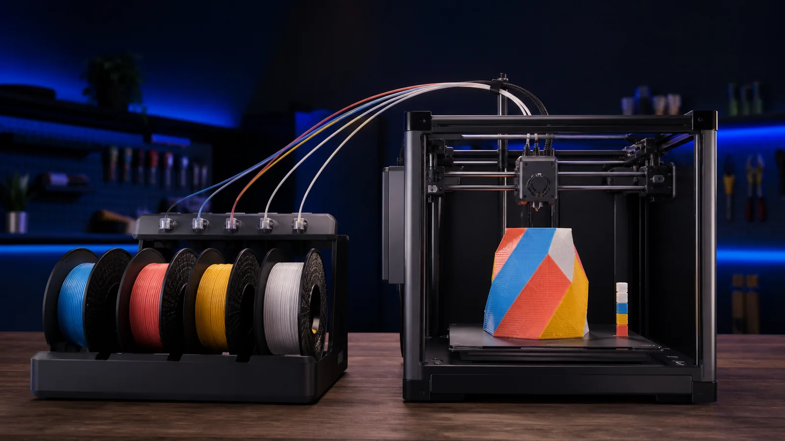 Dört renk filament besleyen çoklu malzeme sistemi ve katman katman renk değiştiren 3D baskı model