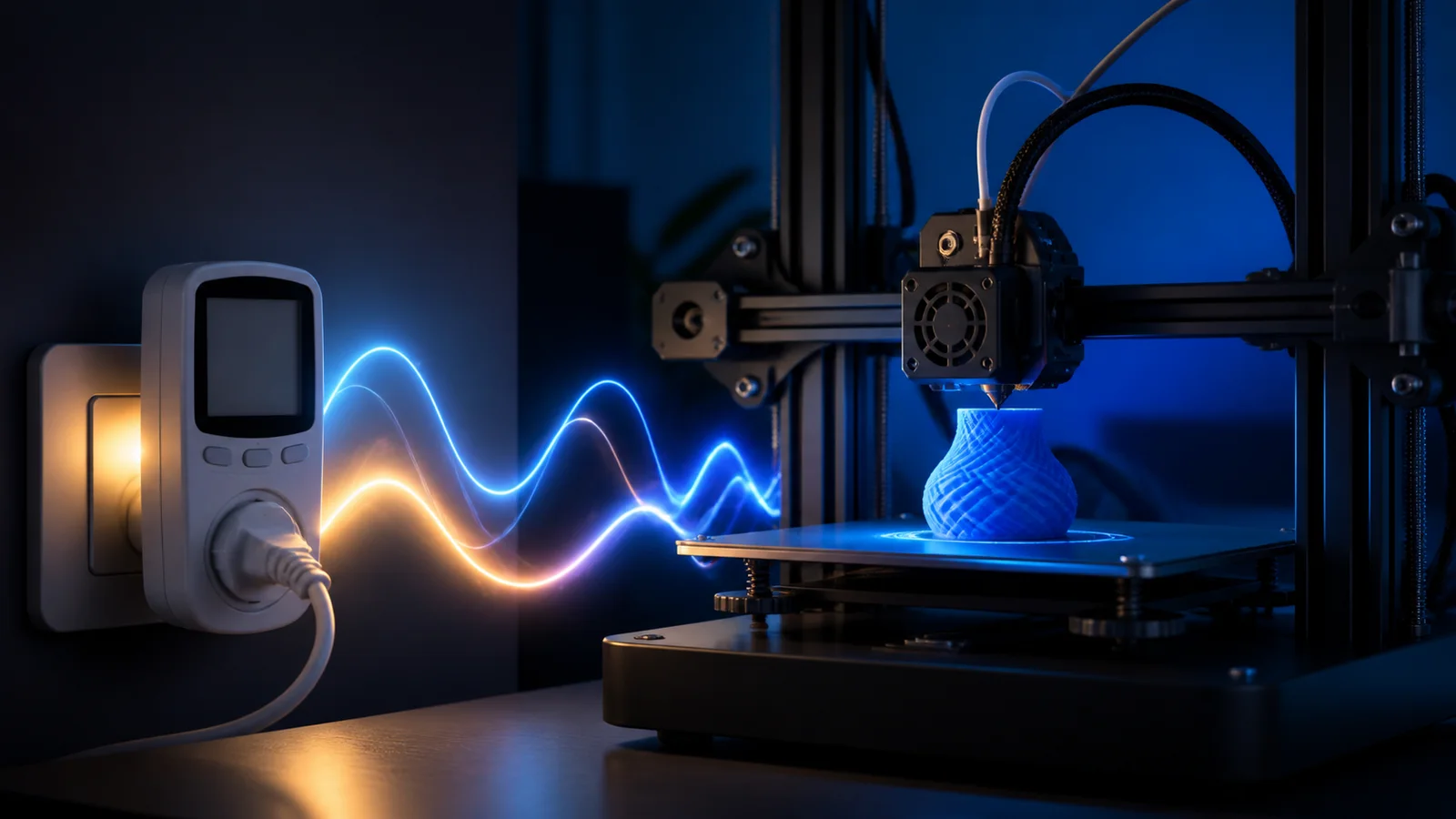 Çalışan 3D yazıcı yanında watt ölçer ekranı ve enerji tüketim grafiği