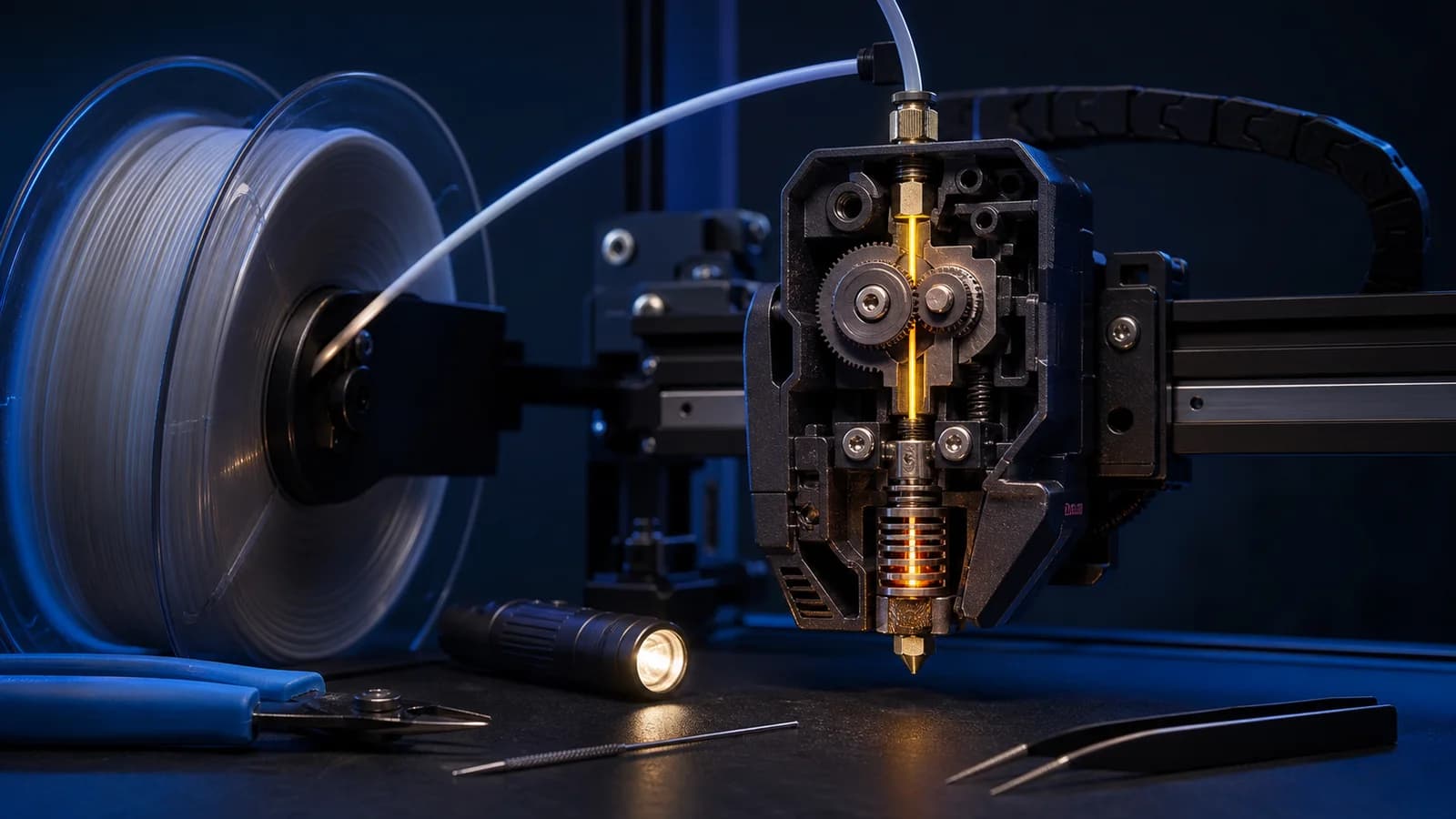 Filament besleme yolunda makara, ekstrüder dişlisi, PTFE tüp ve nozzle kontrol noktalarını gösteren 3D yazıcı