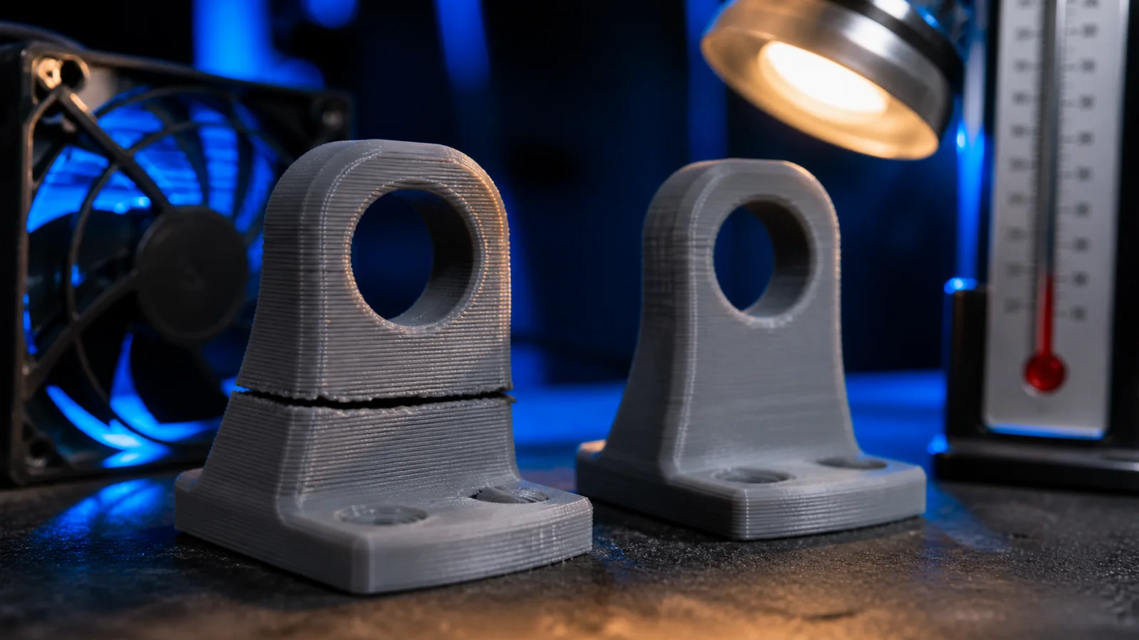 Yatay katmanları ayrılmış 3D baskı parçası yanında sıcaklık ve hava akışı teşhis noktaları