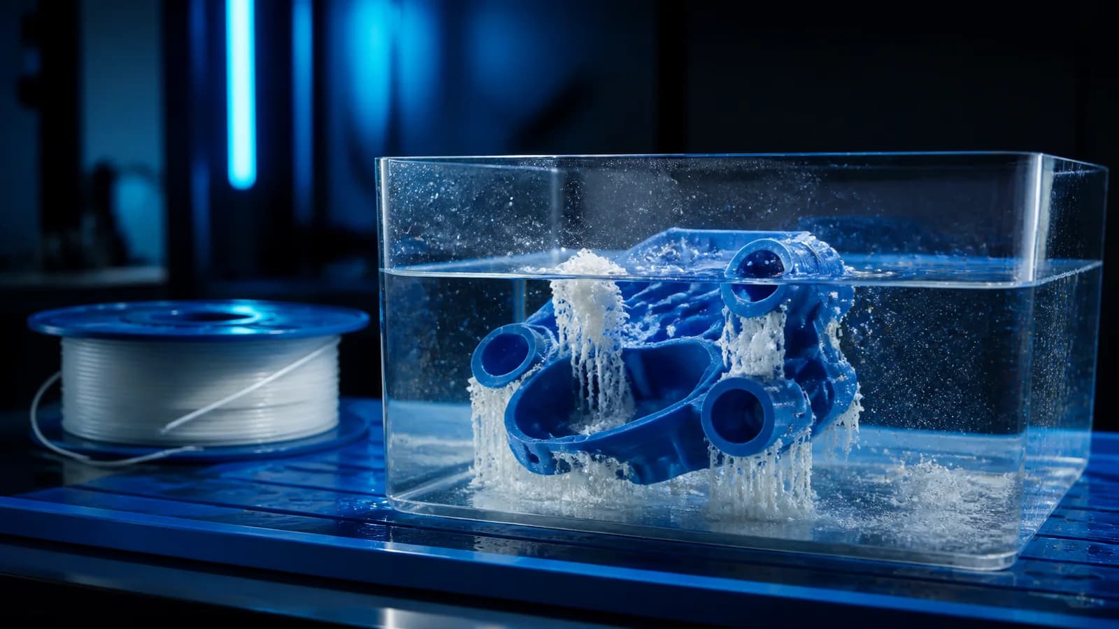 Karmaşık 3D baskı parçasından su içinde çözünerek ayrılan açık renkli PVA destekler