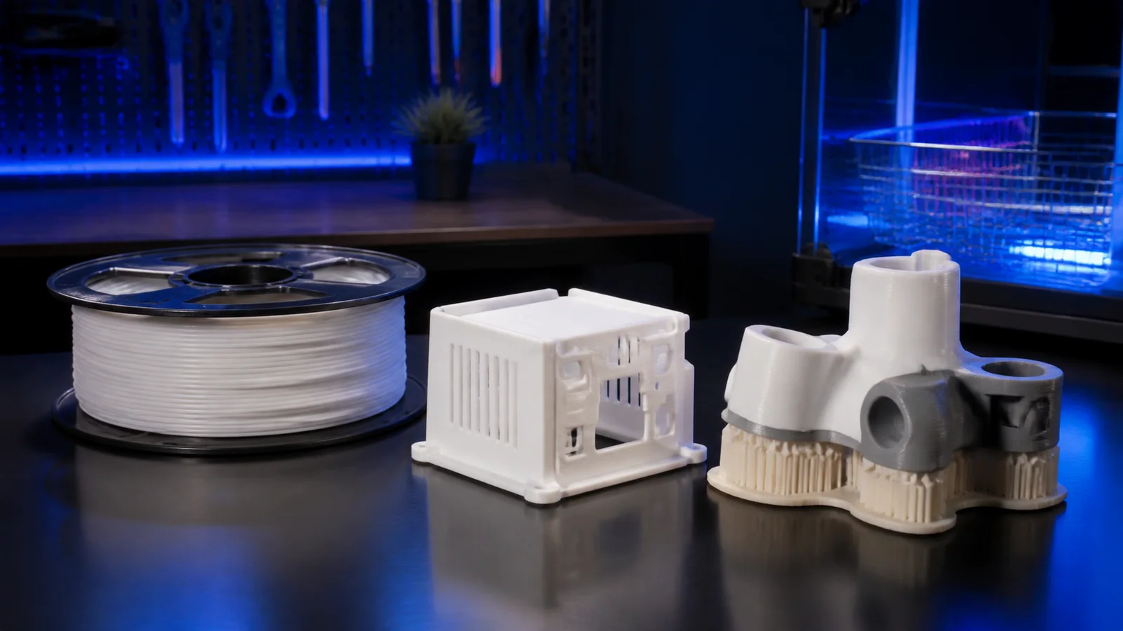 HIPS filament makarası, mat beyaz 3D baskı parçası ve çift malzemeli destek örneği