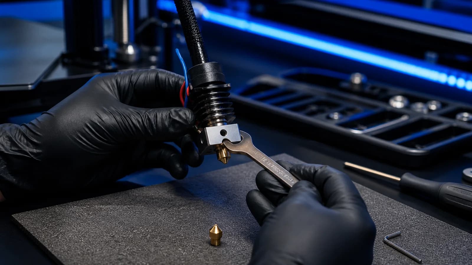 Isıtılmış hotend bloğu uygun anahtarlarla sabitlenerek güvenli biçimde değiştirilen pirinç nozzle
