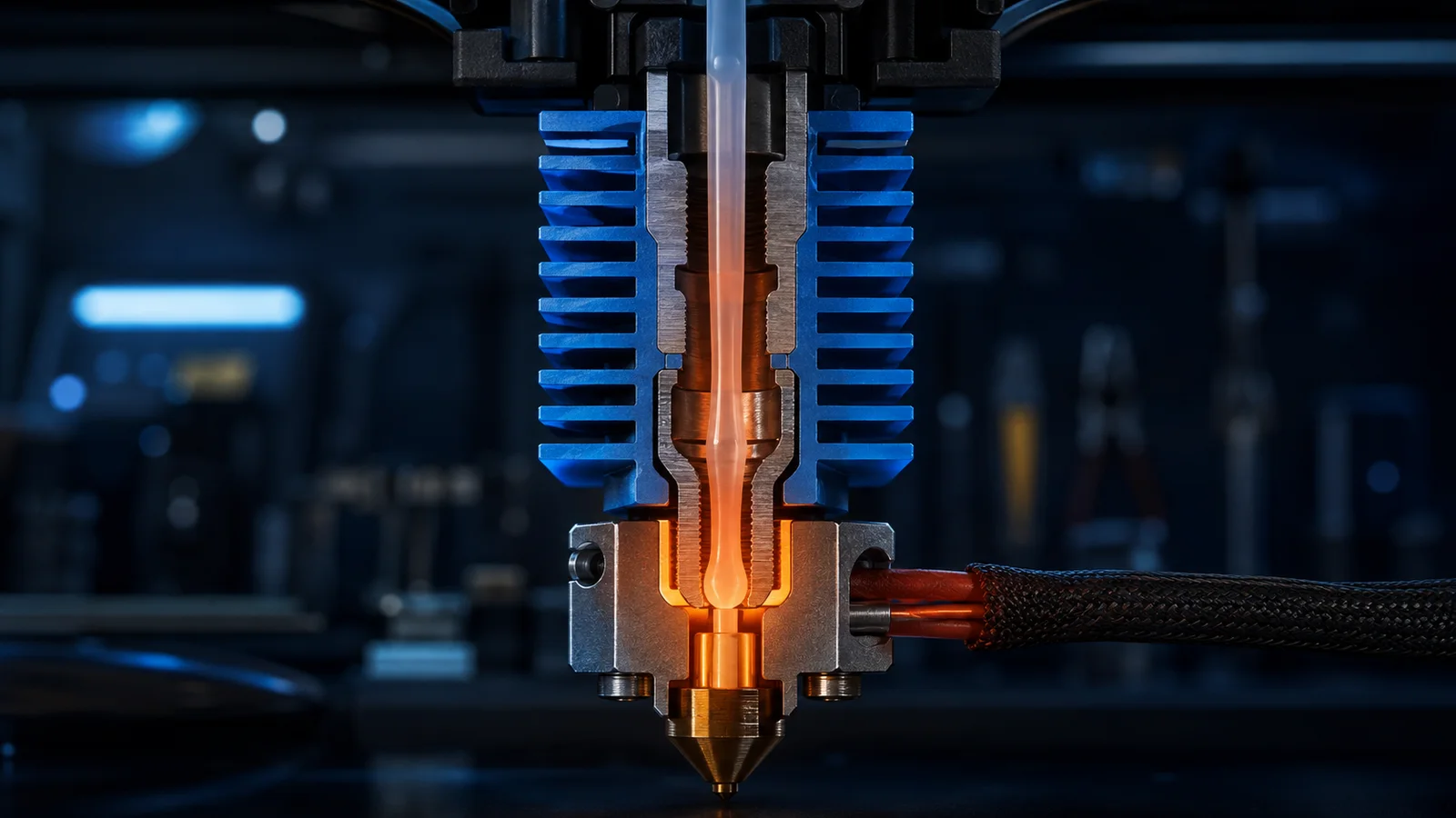 Hotend kesitinde ısı bloğundan soğuk bölgeye yayılan ısı ve şişmiş filamentin teknik görünümü