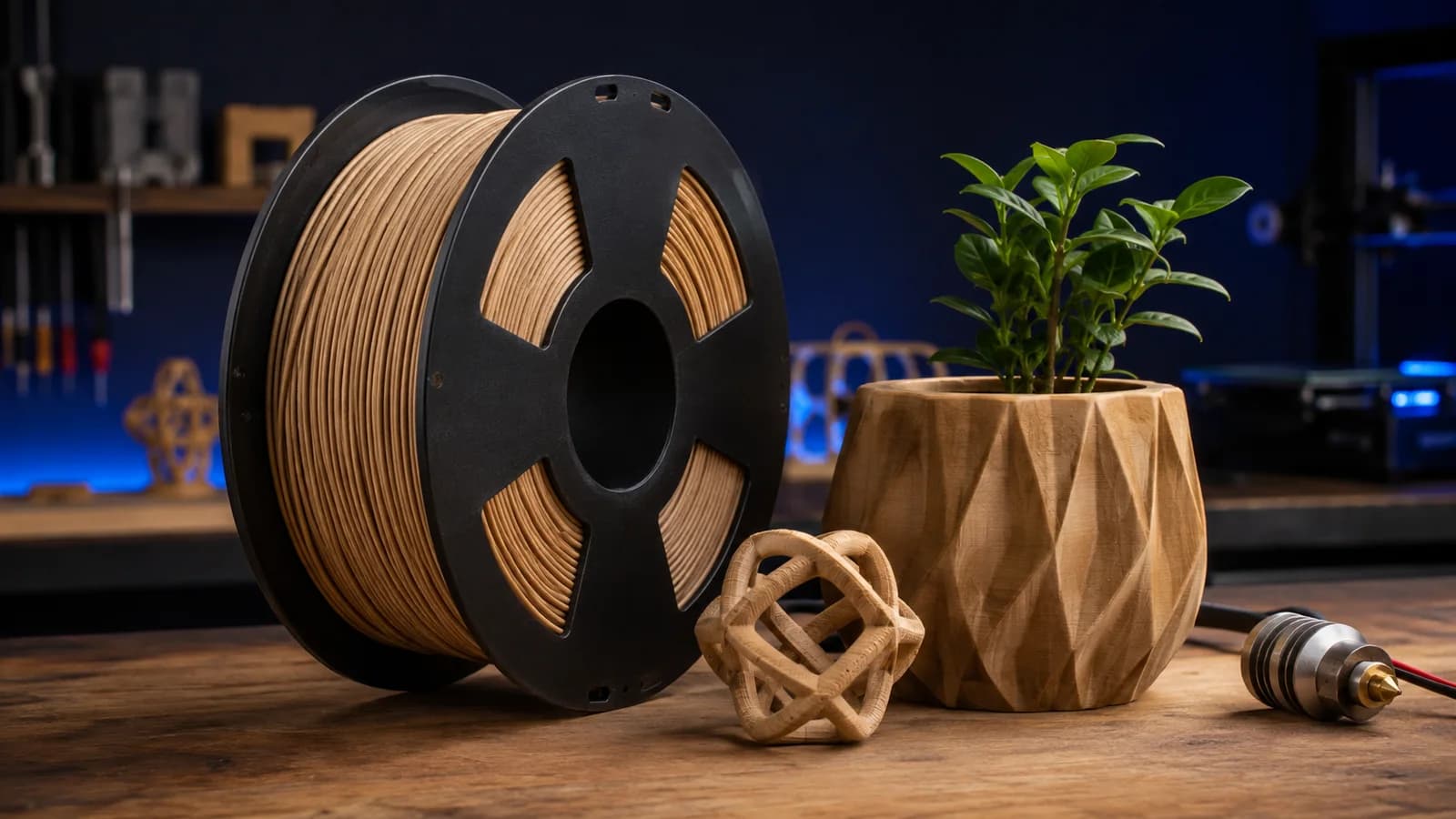 Ahşap katkılı filament makarası yanında doğal dokulu 3D baskı saksı ve nozzle