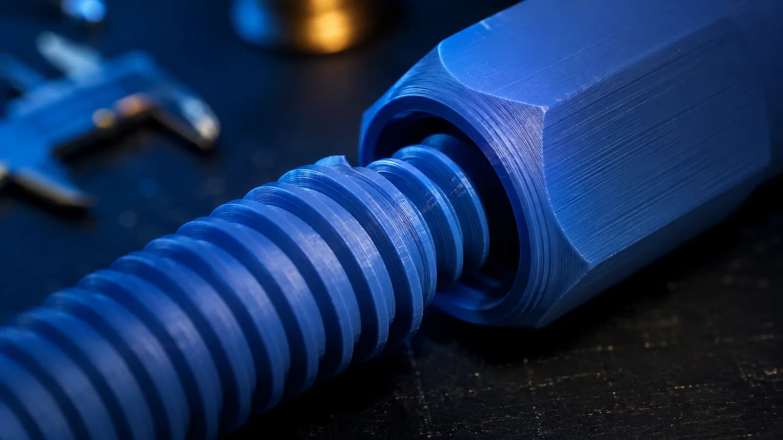 Büyük adımlı erkek ve dişi 3D baskı vida parçalarının teknik yakın planı