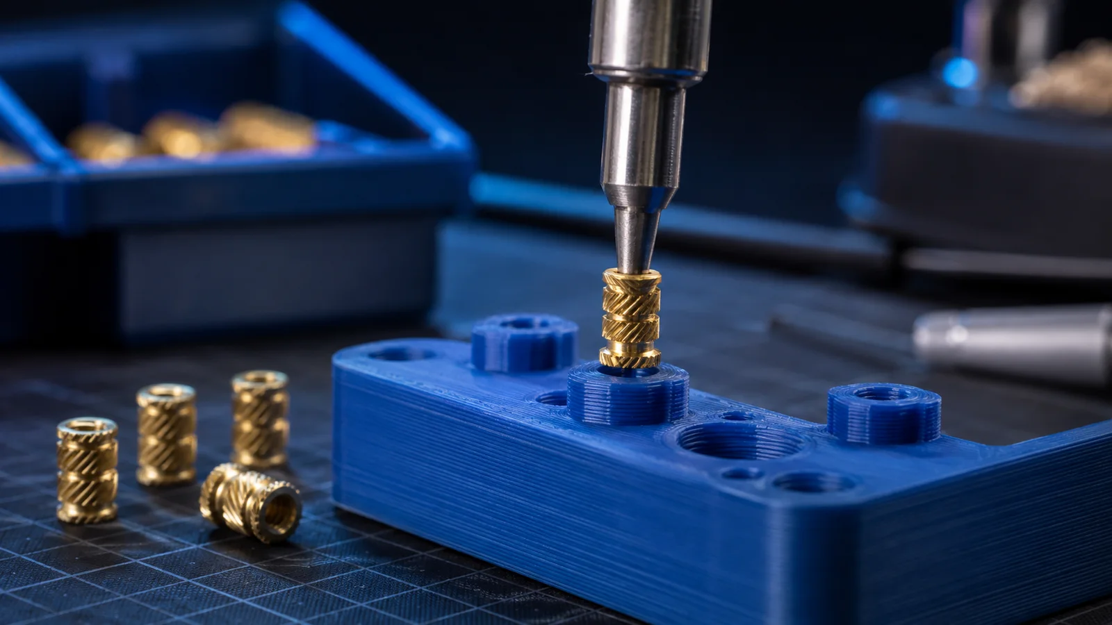 Havya ucuyla 3D baskı yuvaya dik yerleştirilen M3 pirinç ısıl insert yakın planı