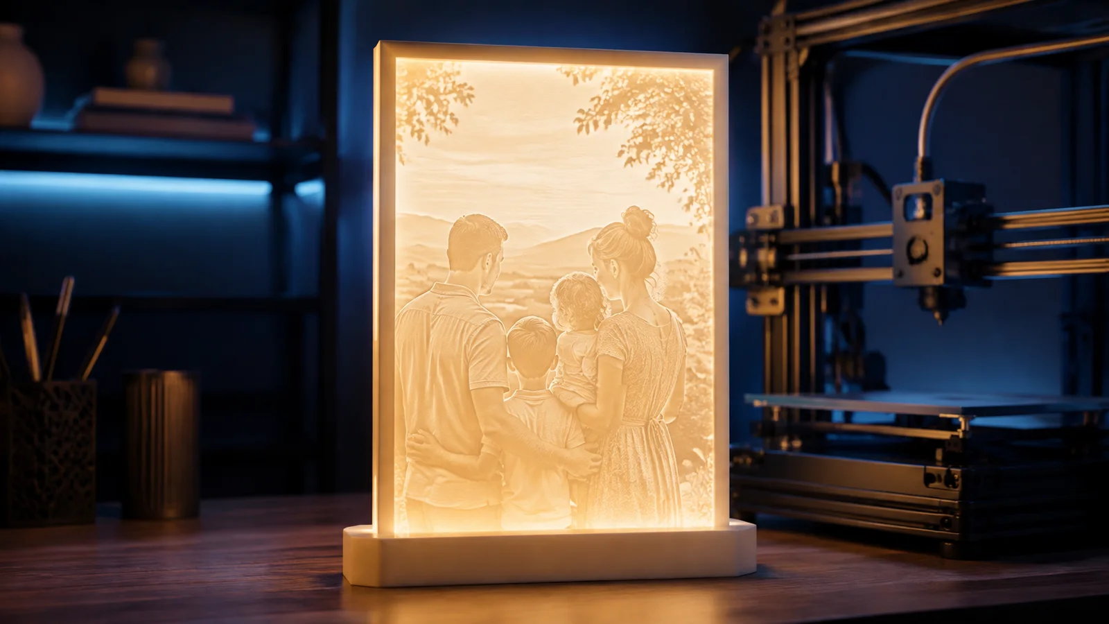 Sıcak LED ışık önünde aile fotoğrafı belirginleşen beyaz lithophane panel ve 3D yazıcı