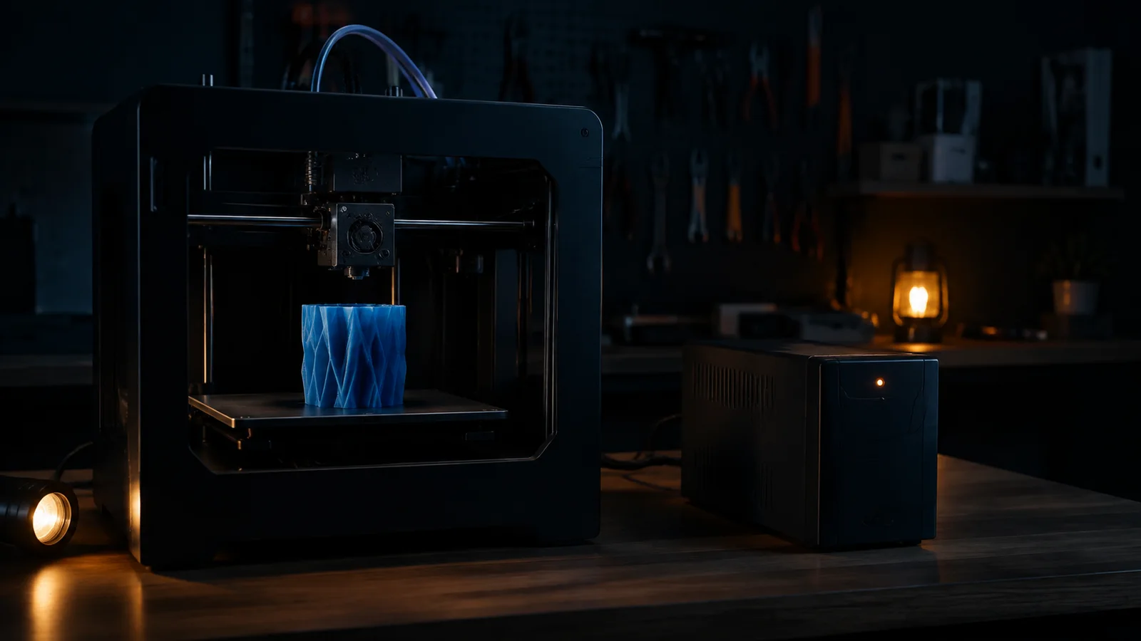 Elektrik kesintisi simgesi yanında yarım kalmış 3D baskı ve UPS bulunan karanlık atölye