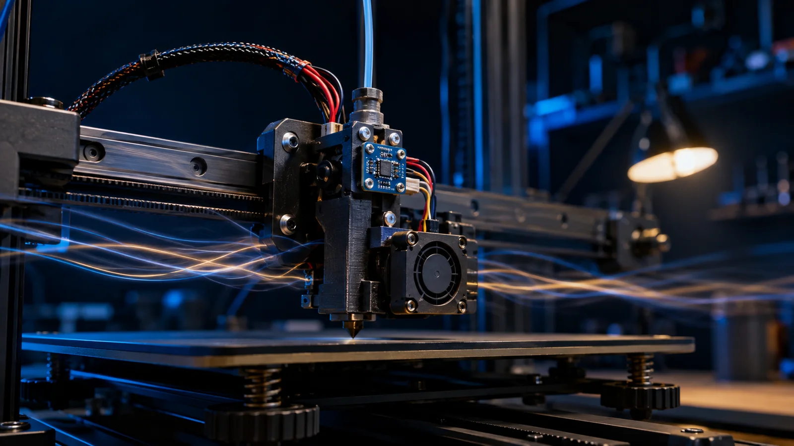 İvmeölçer bağlı 3D yazıcı kafası ve titreşim dalgalarını gösteren teknik atölye sahnesi