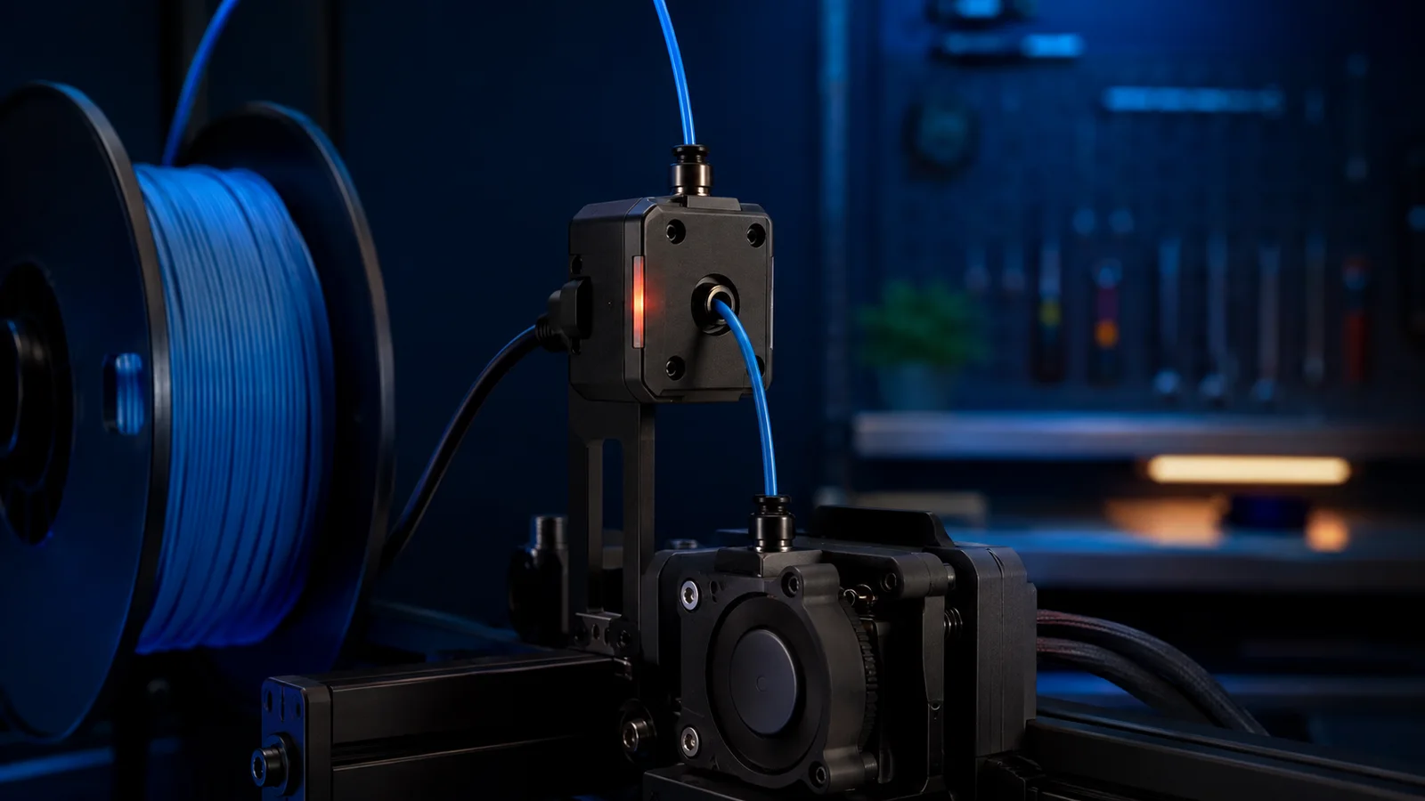 Filamentin içinden geçtiği optik runout sensörü ve 3D yazıcı ekstrüderinin yakın planı
