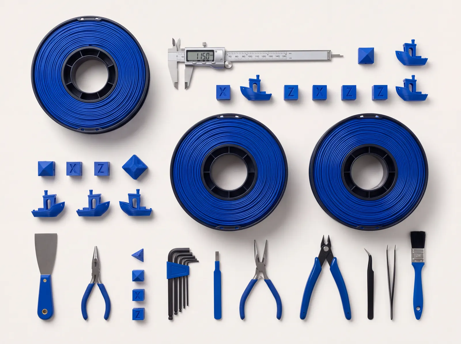 3D baskı aletleri ve kobalt filament makaraları düzeni