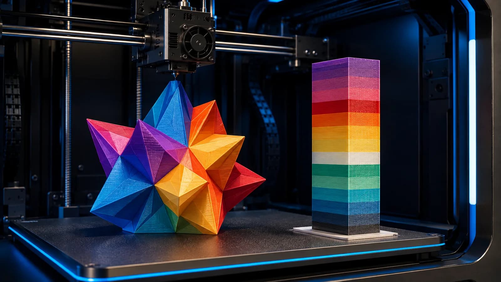 Çok renkli 3D baskı parçası yanında katmanlı purge tower