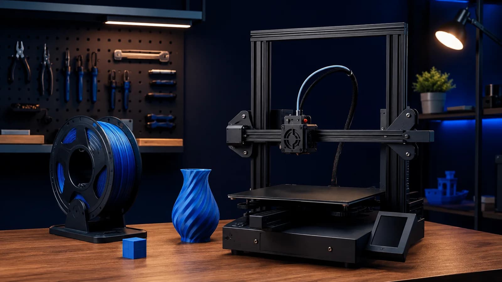 İlk modelini basmaya hazırlanan masaüstü FDM 3D yazıcı çalışma alanı