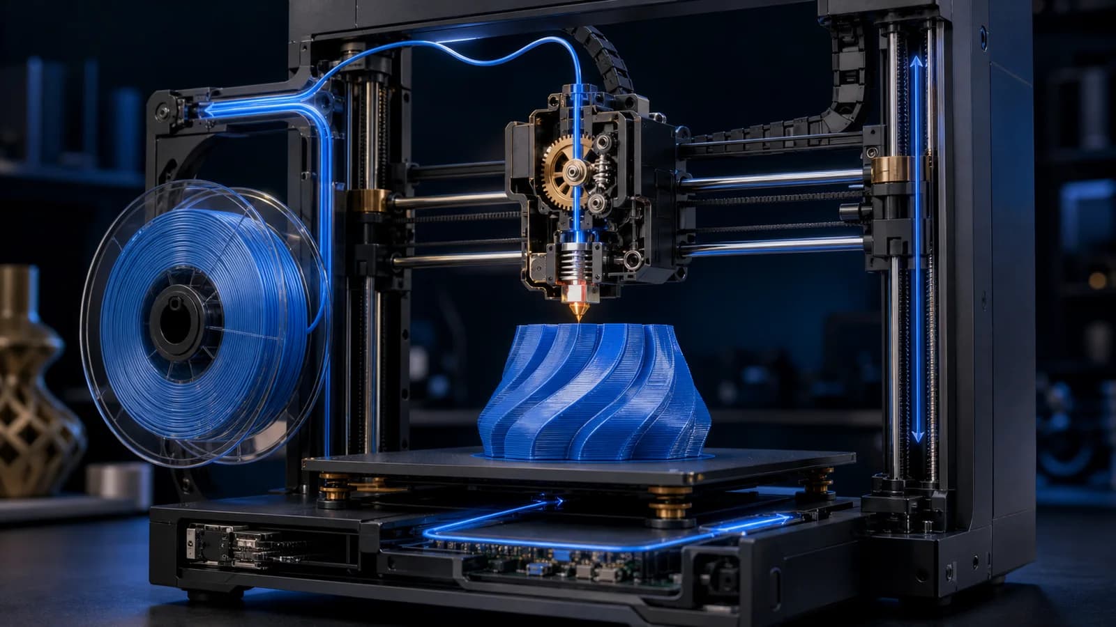 Filament makarasından katmanlı modele uzanan FDM 3D yazıcı çalışma sistemi