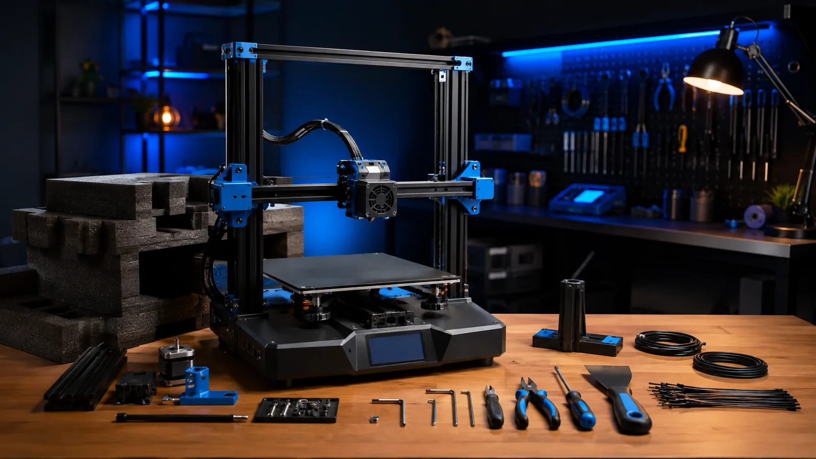 Parçaları düzenlenmiş yeni masaüstü 3D yazıcı kurulum masası