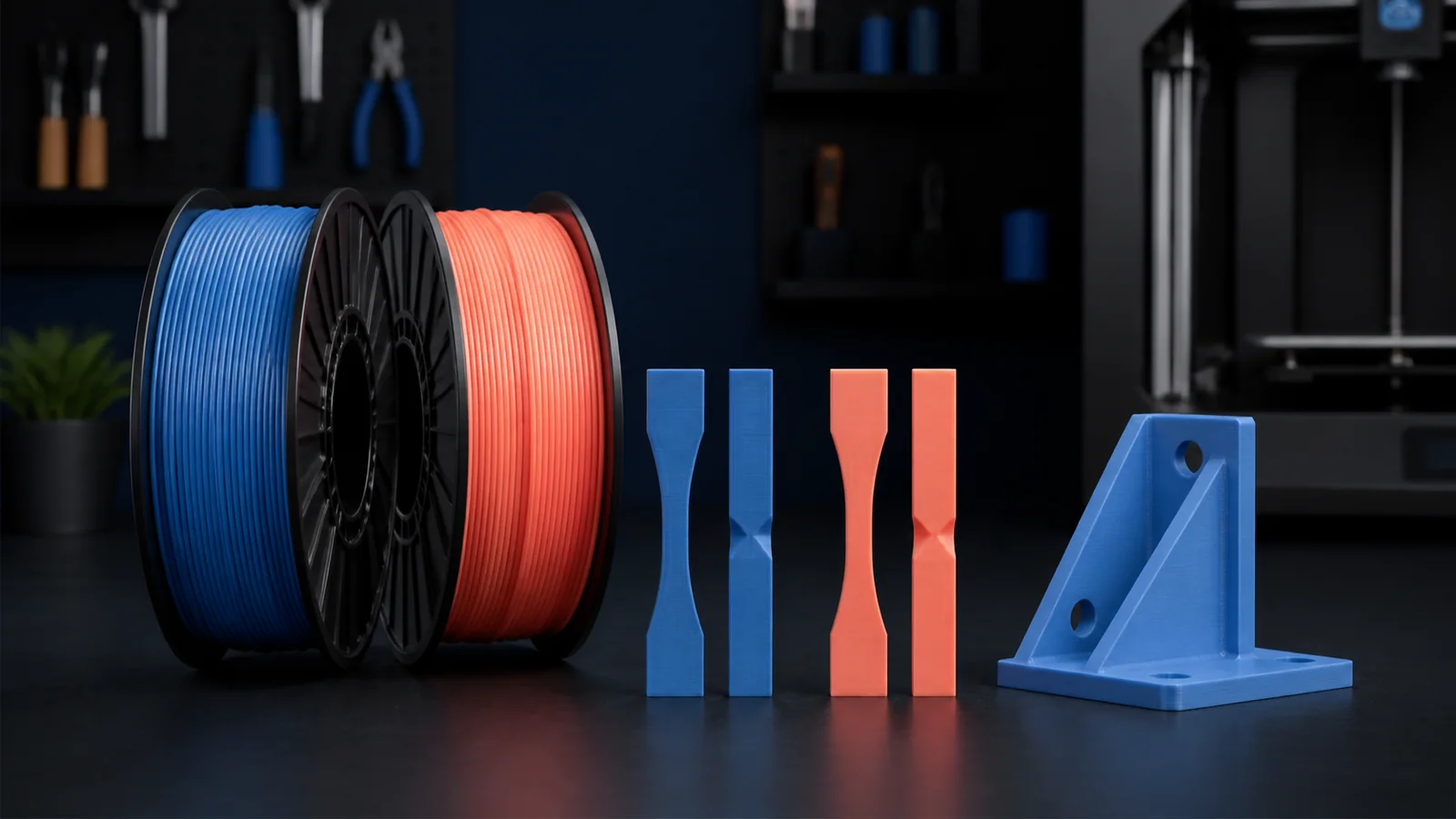 Yan yana duran PLA ve PLA Plus filament makaraları ile darbe testini temsil eden 3D baskı numuneleri