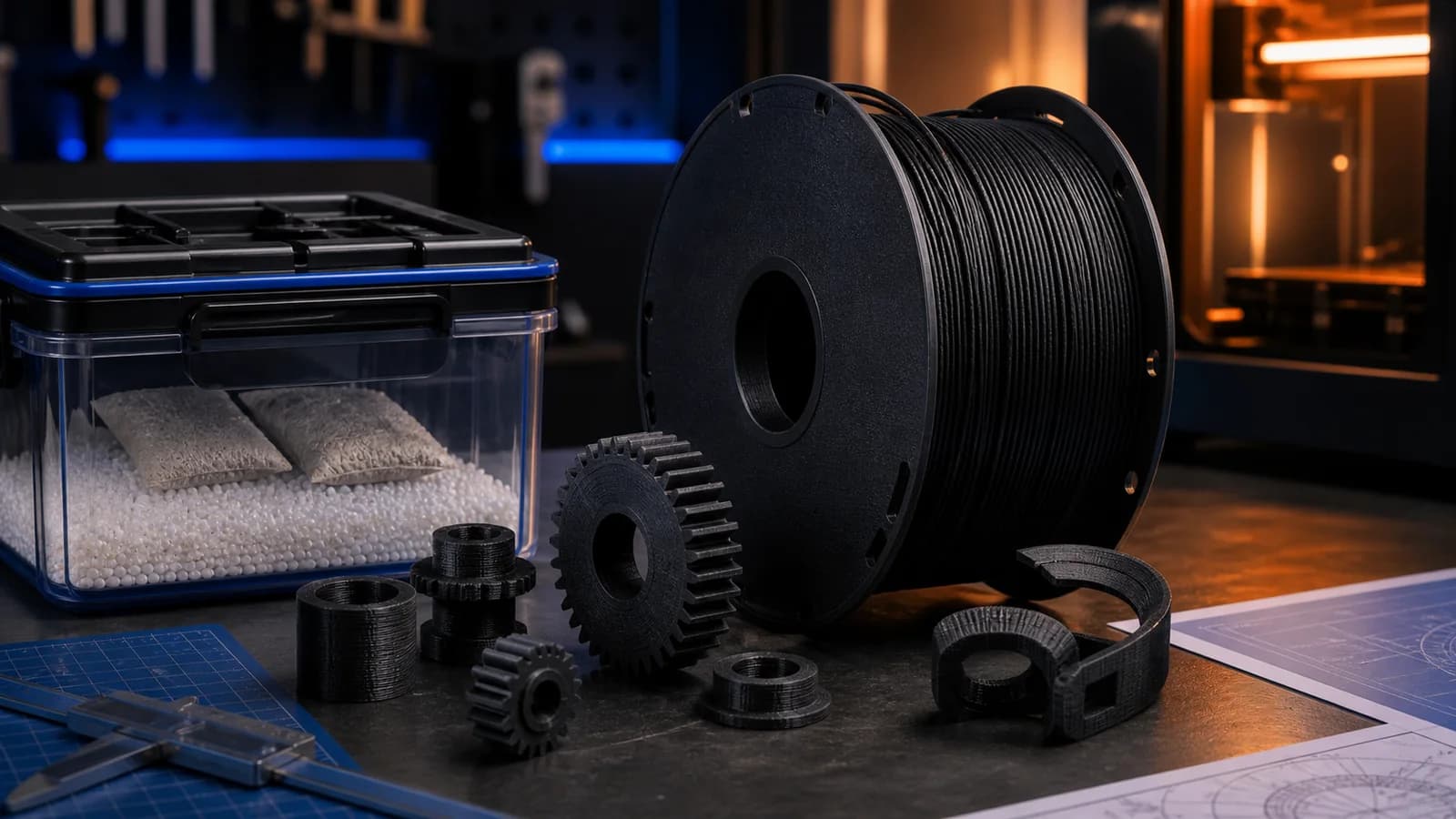 PA6 ve PA12 etiketli naylon filament makaraları yanında dişli ve dayanıklılık test numunesi
