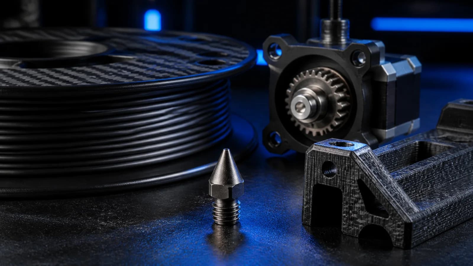 Karbon fiber katkılı filament makarası, sertleştirilmiş çelik nozzle ve teknik 3D baskı parçası