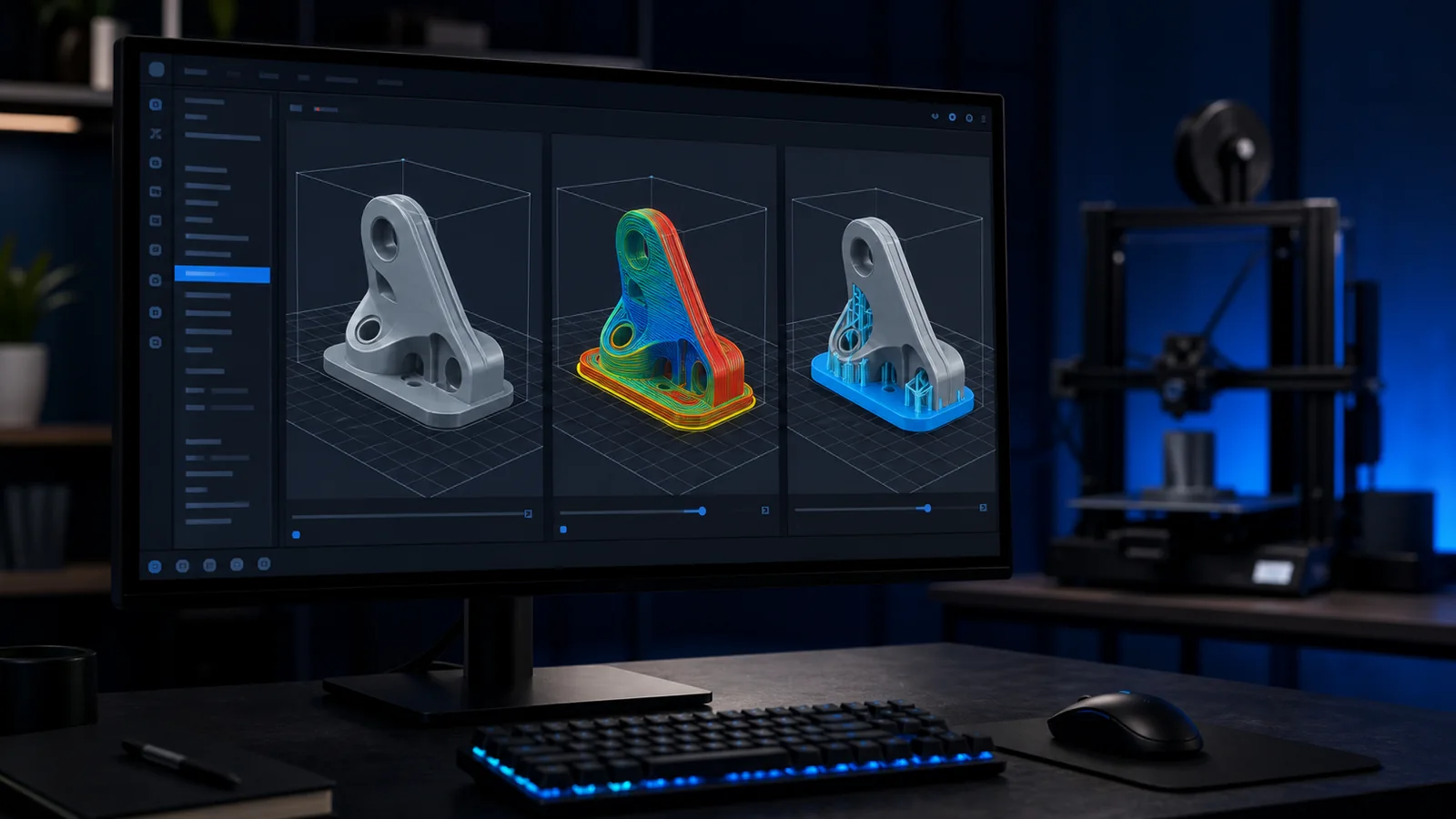 Bilgisayar ekranında üç farklı 3D yazıcı dilimleme arayüzü ve katman önizlemesi
