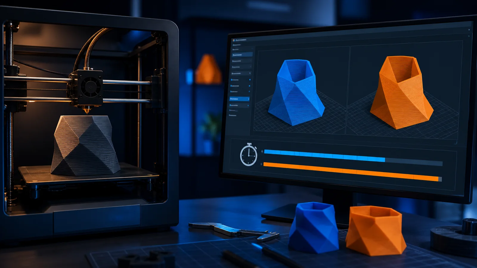 3D yazıcının yanında katman önizlemesi, kronometre ve süre karşılaştırma grafiği