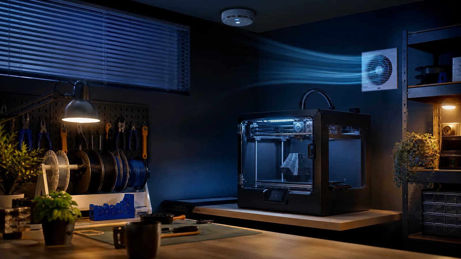 Havalandırmalı düzenli bir ev çalışma alanında güvenli biçimde konumlandırılmış kapalı 3D yazıcı