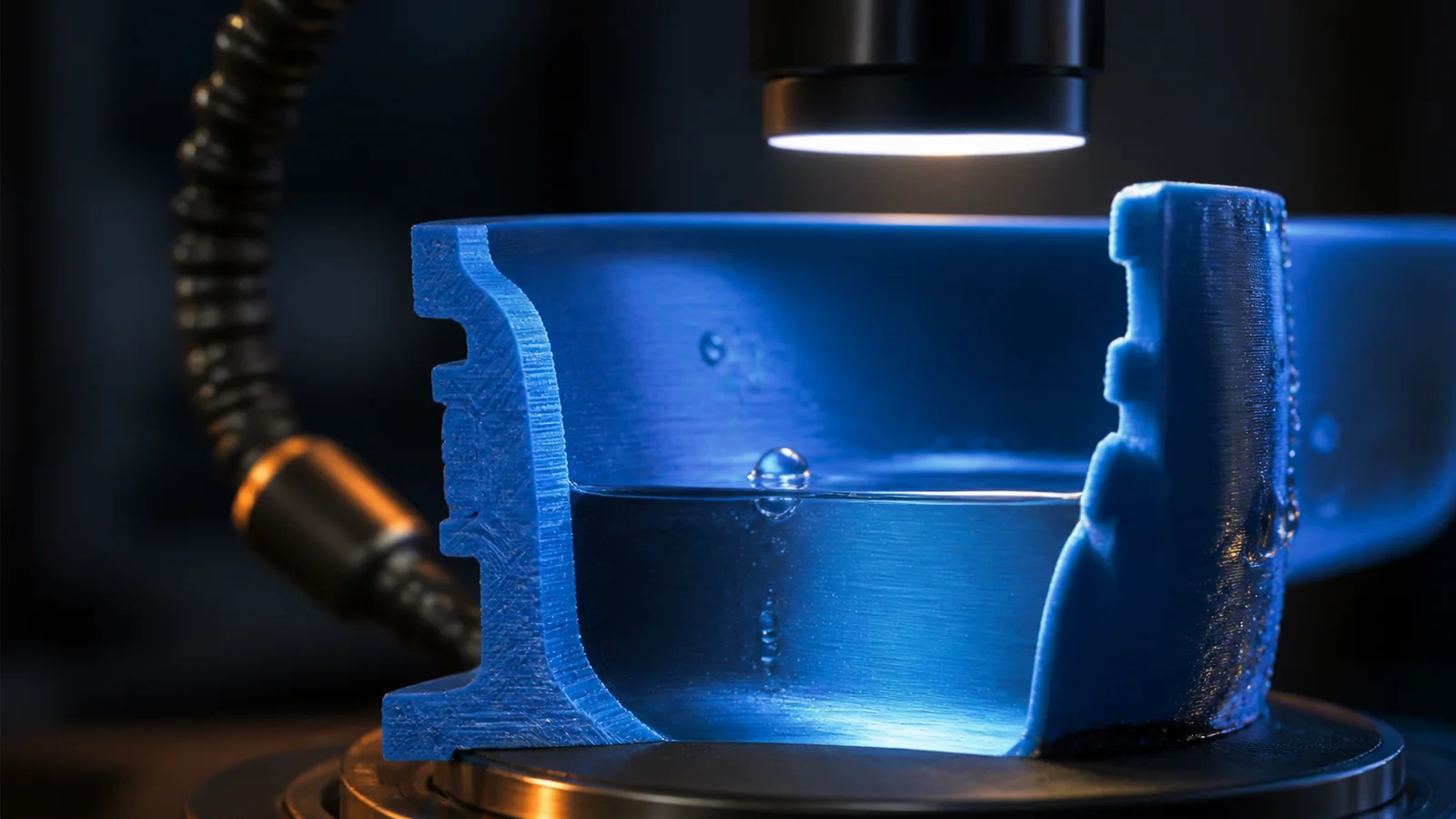 Su damlalarıyla test edilen şeffaf kesitli 3D baskı kap ve katman duvarları
