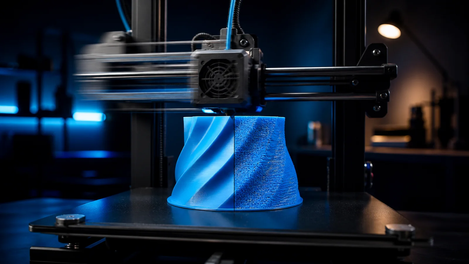 Hareket izleri ve temiz baskı yüzeyi yanında hız ayarı karşılaştırılan modern 3D yazıcı