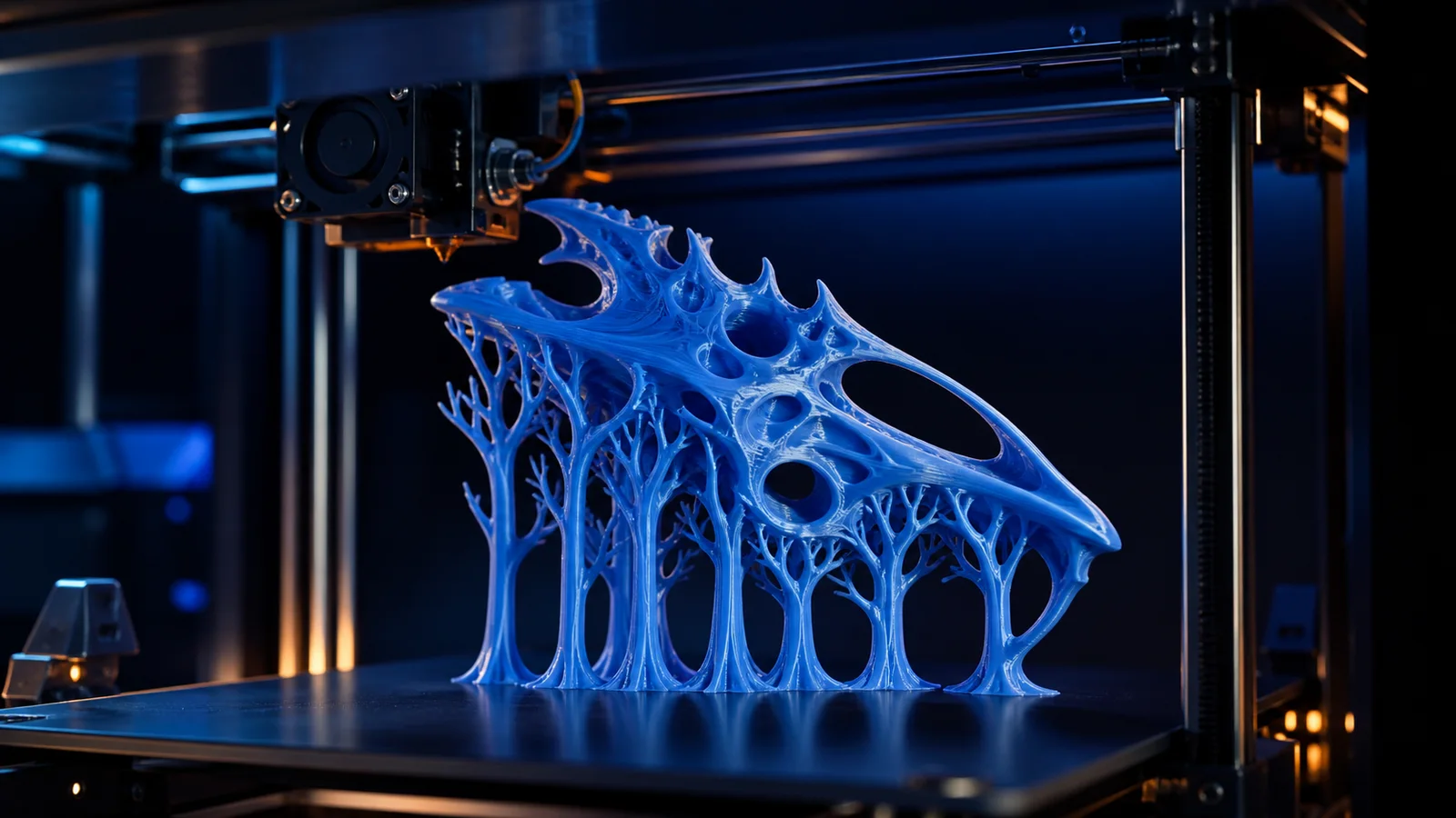 Organik dallanan ağaç desteklerin karmaşık 3D baskı modelinin çıkıntılarına ulaşması