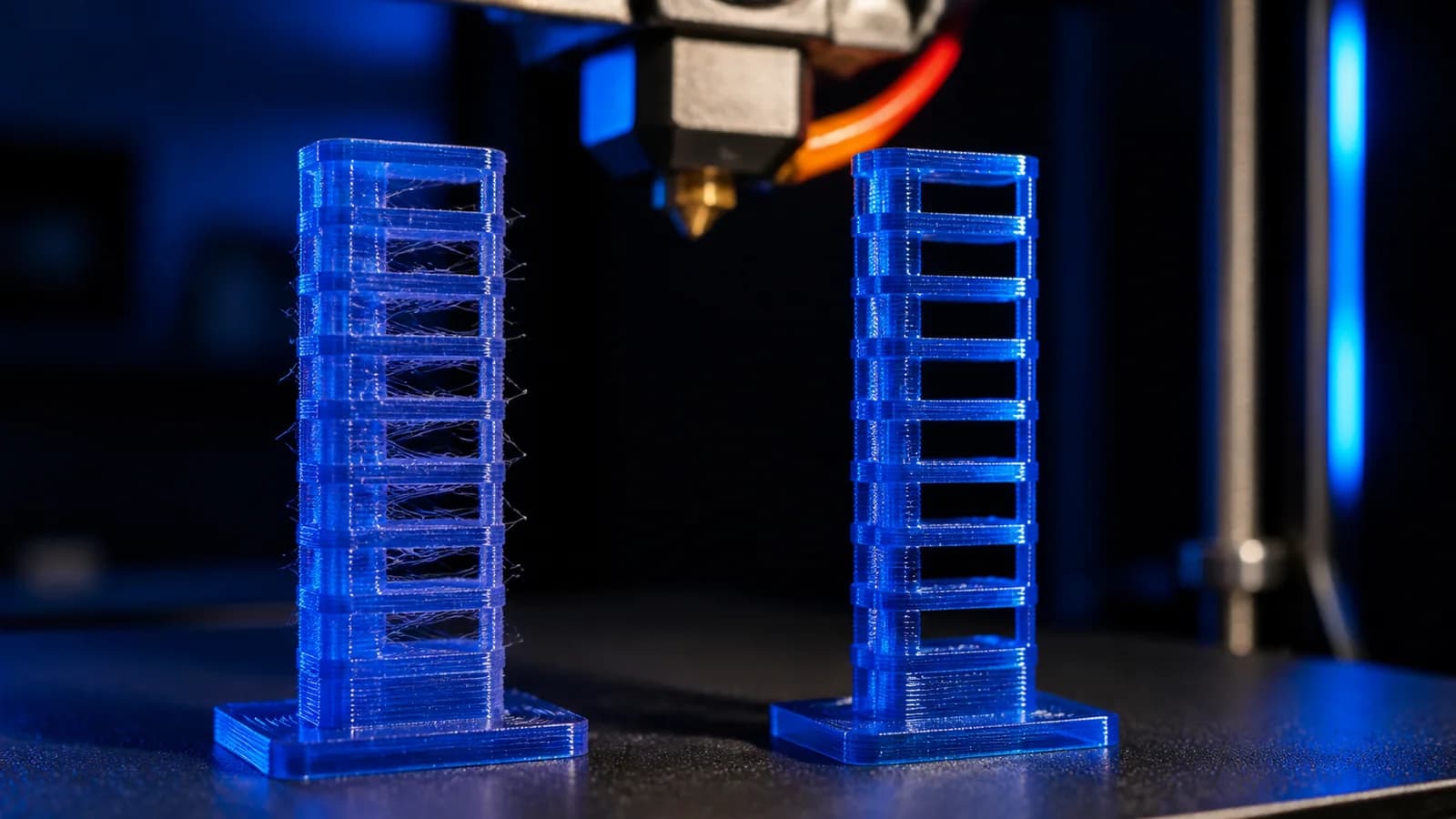 İpliklenmiş ve temiz PETG kulelerinin 3D yazıcı tablasında yakın plan karşılaştırması