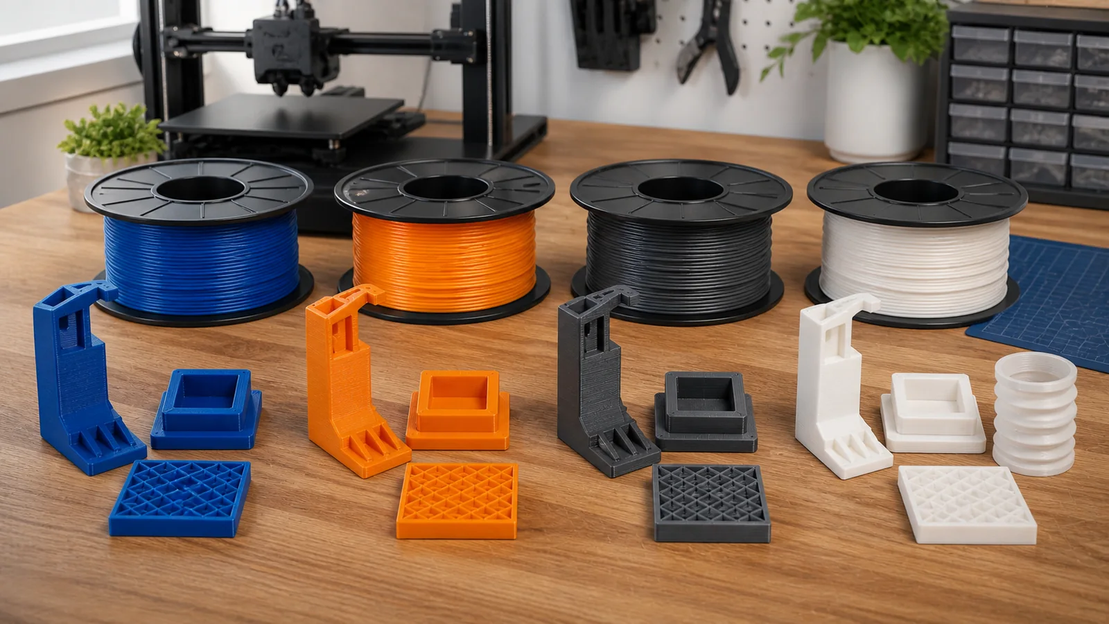 Farklı renklerde filament makaraları ve her malzemeyle basılmış örnek parçalar