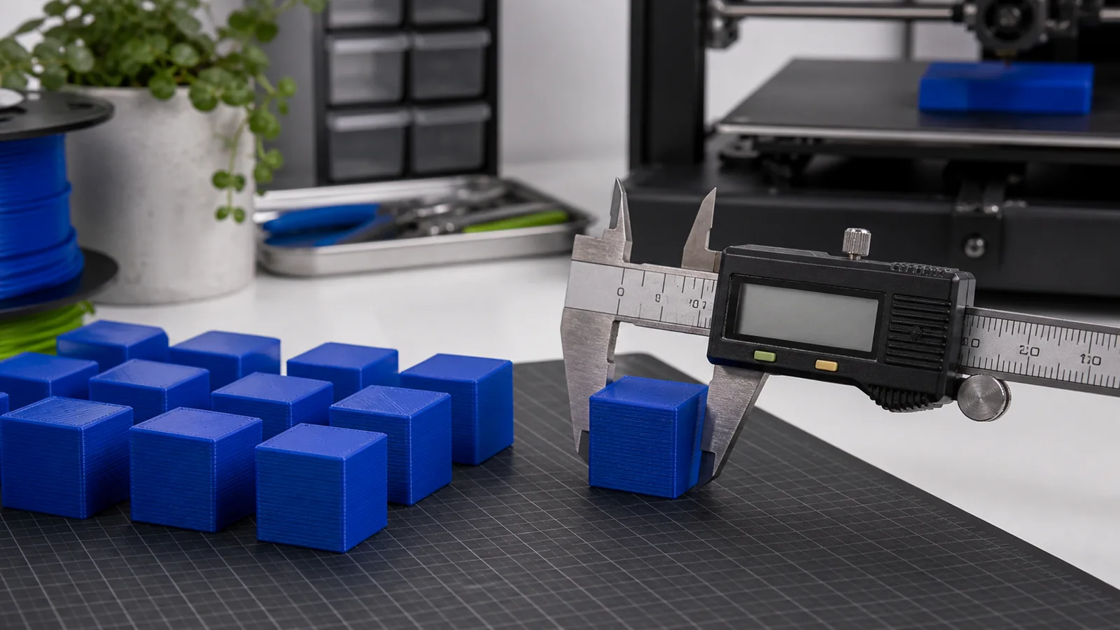 Dijital kumpasla ölçülen mavi 3D yazıcı kalibrasyon küpleri
