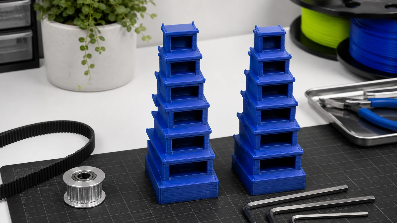 Katmanı yana kaymış ve düzgün basılmış iki mavi 3D baskı test kulesi