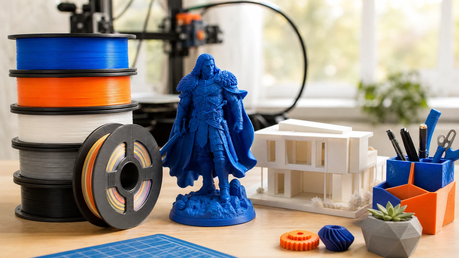 Renkli PLA filament makaraları, detaylı PLA figür ve prototip parçaları bulunan 3D baskı masası