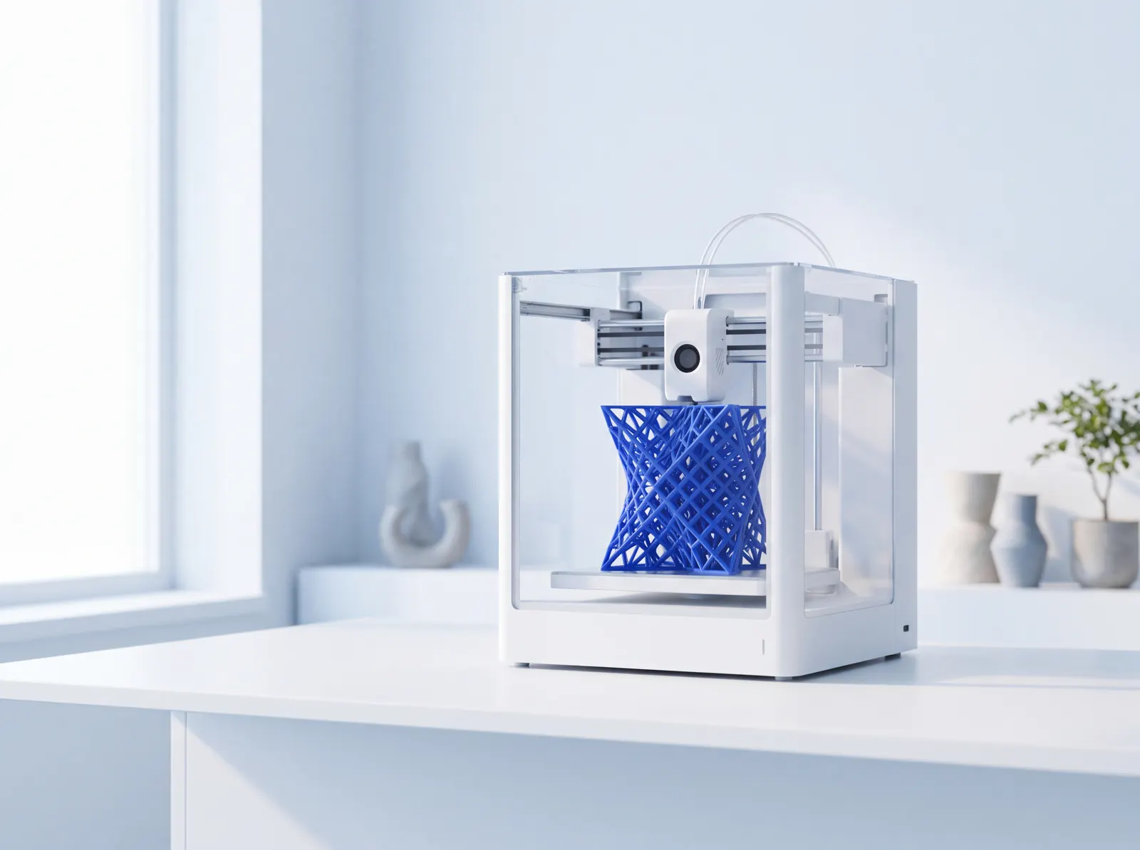 Masaüstü 3D yazıcı kobalt mavi model basarken